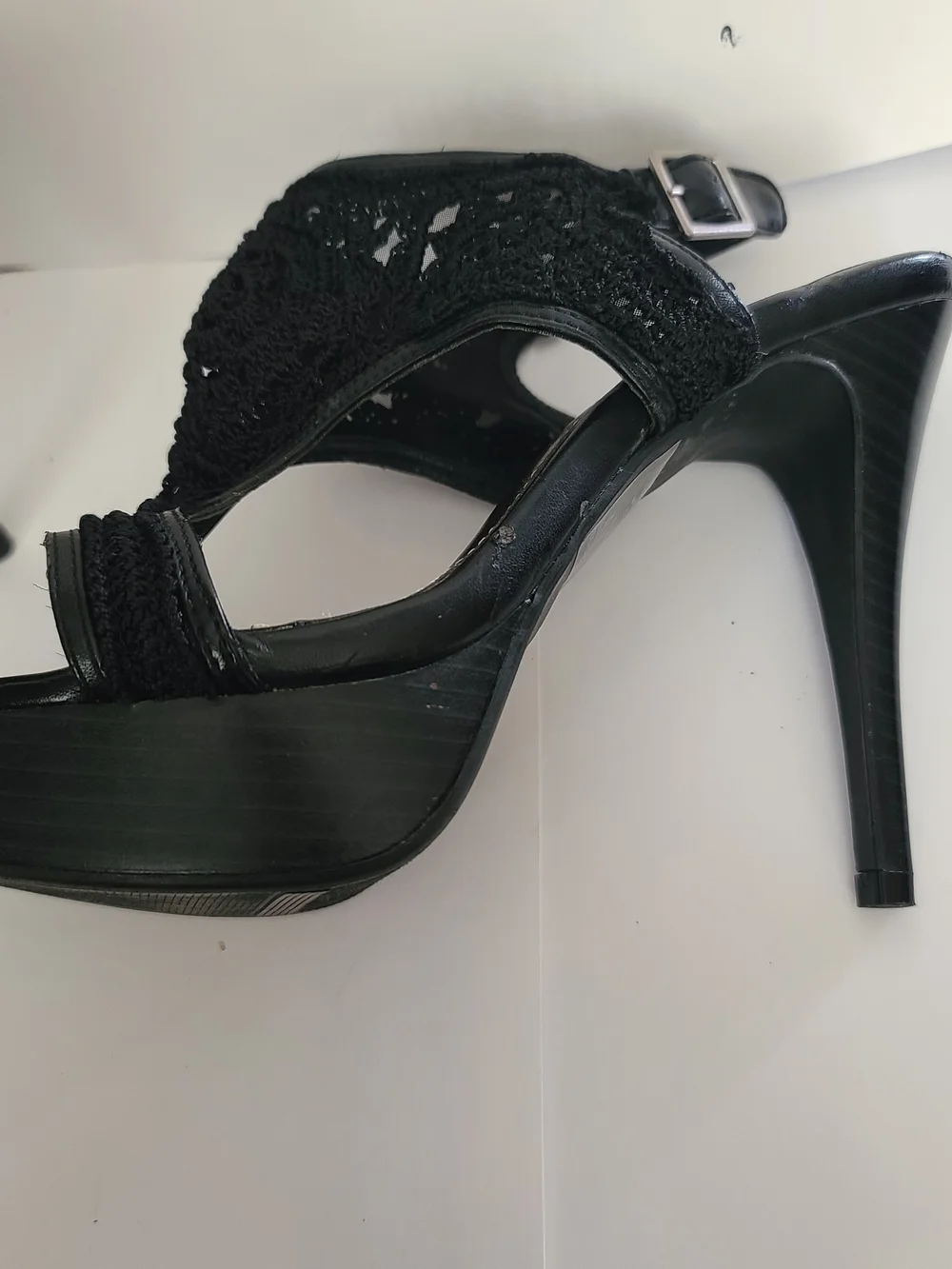 Black Crochet Platform High Heels with Ankle Strap